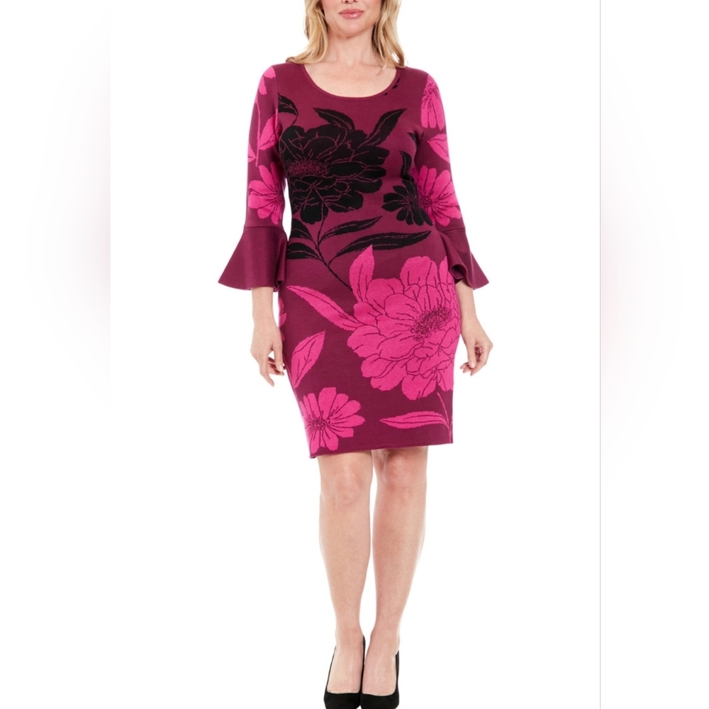 London Times Womens Bell Sleeve Sweater Dress Size XL Berry Black New With Tags